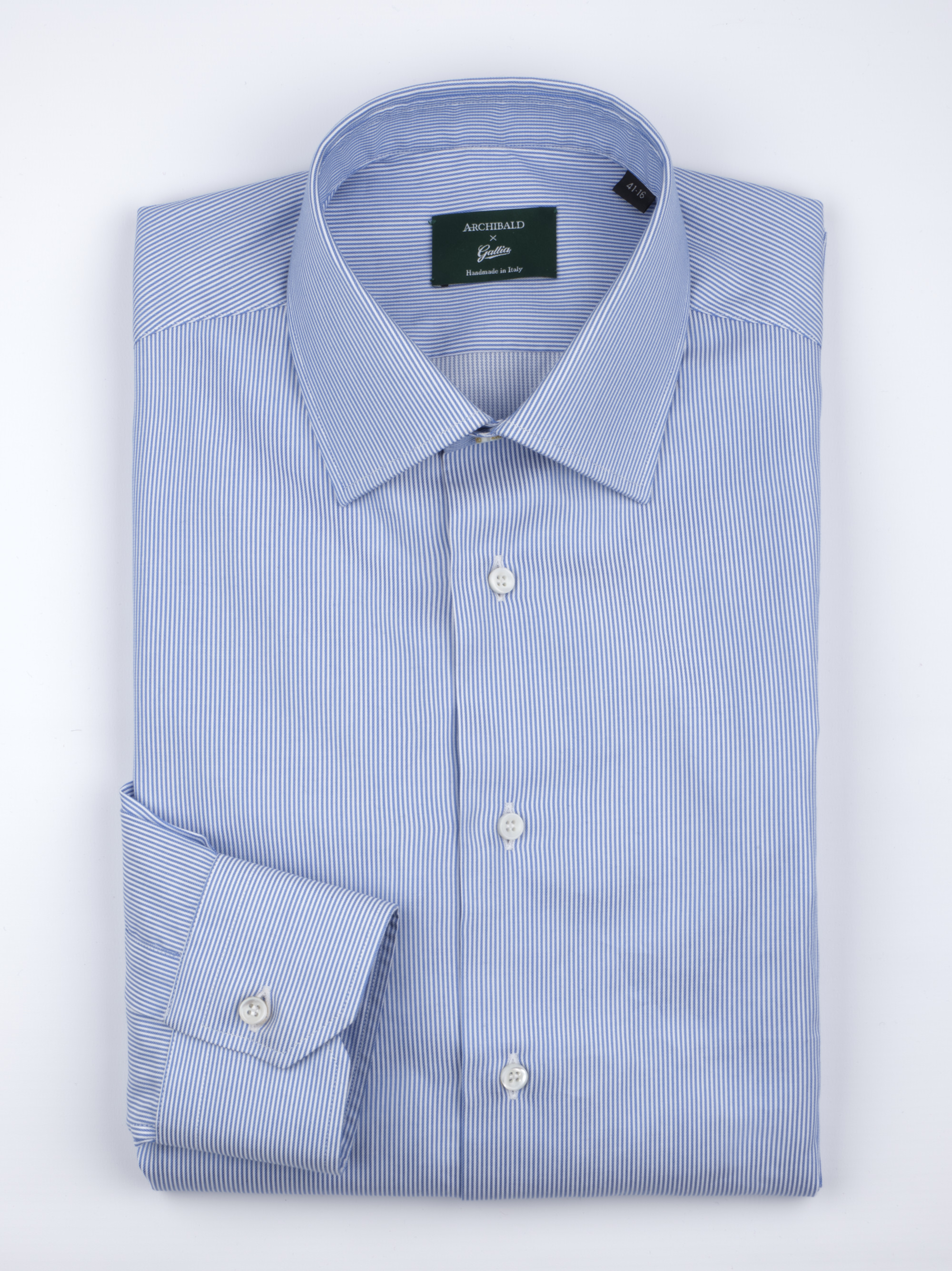 SS - Italian Collar One Button Cuff 100s Cotton Poplin Shirt - Blue Striped - Size 41 (16 Collar)